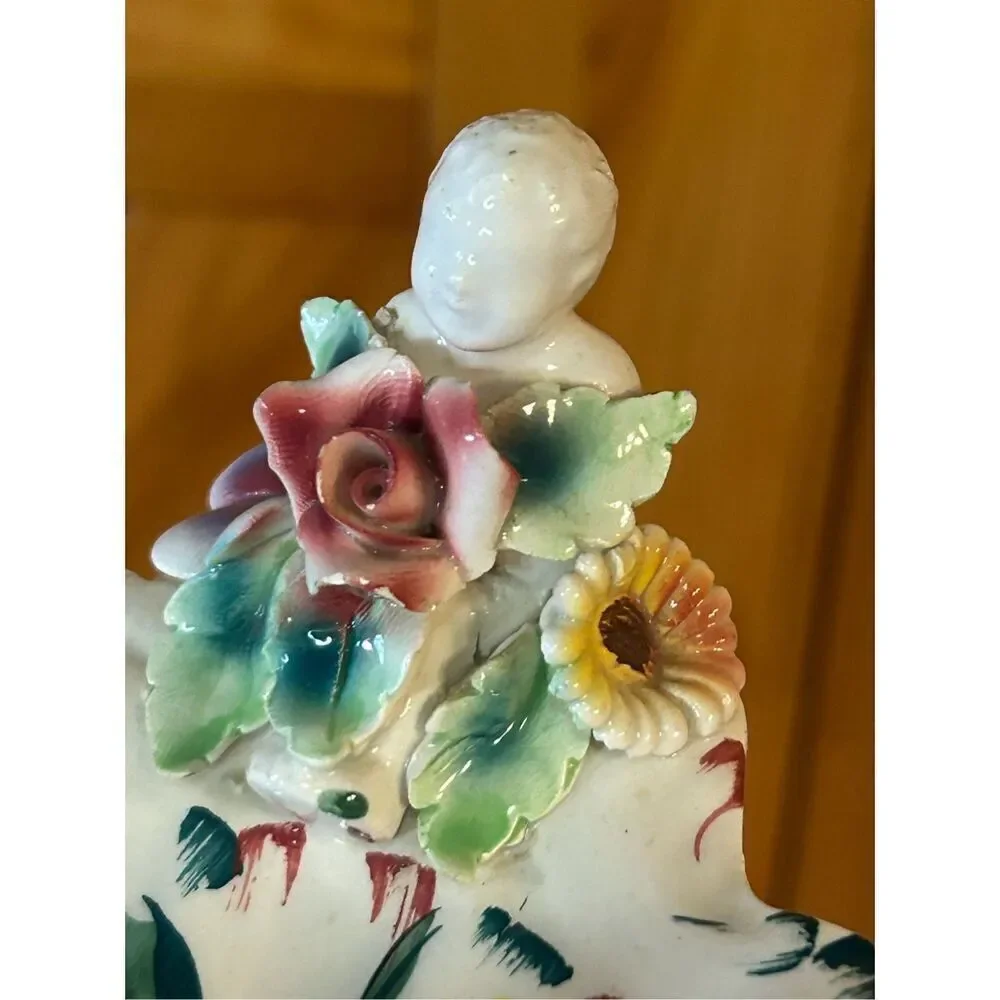 Hand Painted Ceramic Footed Centerpiece Bowls Made In Italy w/Cherubs & Flowers
